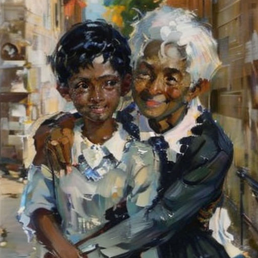 a painting of two people hugging each other on a city street corner with a building in the background and a tree in the foreground