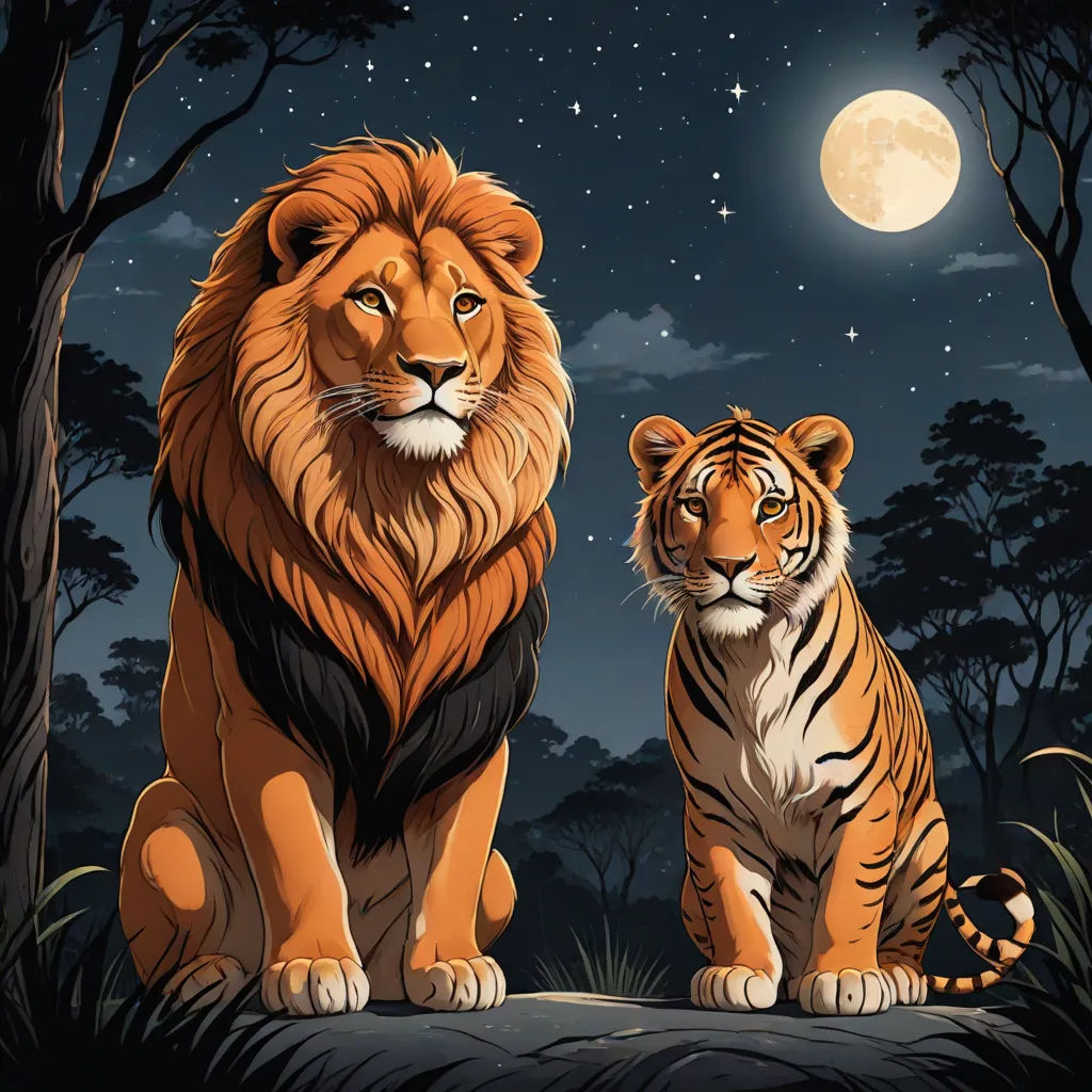 a couple of lions sitting next to each other on a field at night with a full moon in the background, Brothers Hildebrandt, furry art, a storybook illustration, highly detailed digital painting