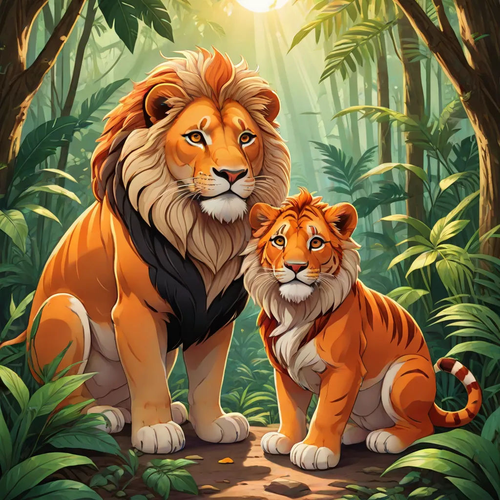 a lion and a tiger sitting in the jungle together, with the sun shining through the trees behind them, Brothers Hildebrandt, furry art, a digital painting, official art