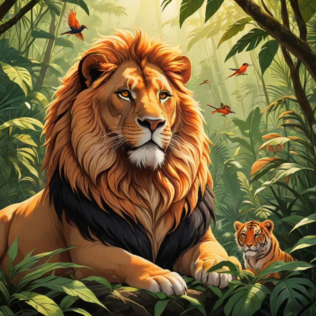 a lion and a tiger in a jungle with butterflies and butterflies on the trees and grass and leaves on the ground, Chris LaBrooy, furry art, a storybook illustration, official art