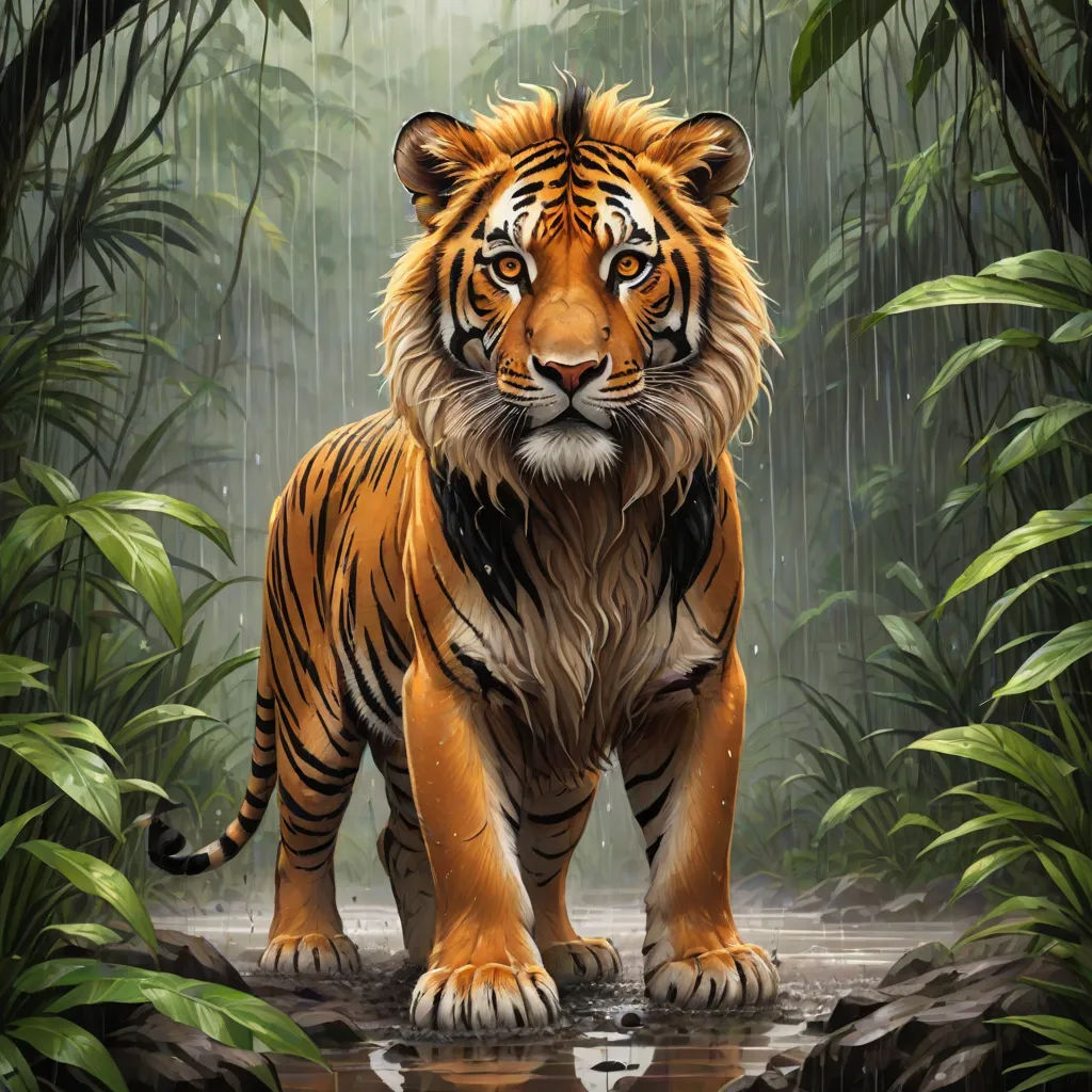 a tiger standing in the rain in a jungle with a reflection of itself in the water and a forest background, Anne Stokes, furry art, an oil painting, highly detailed digital painting