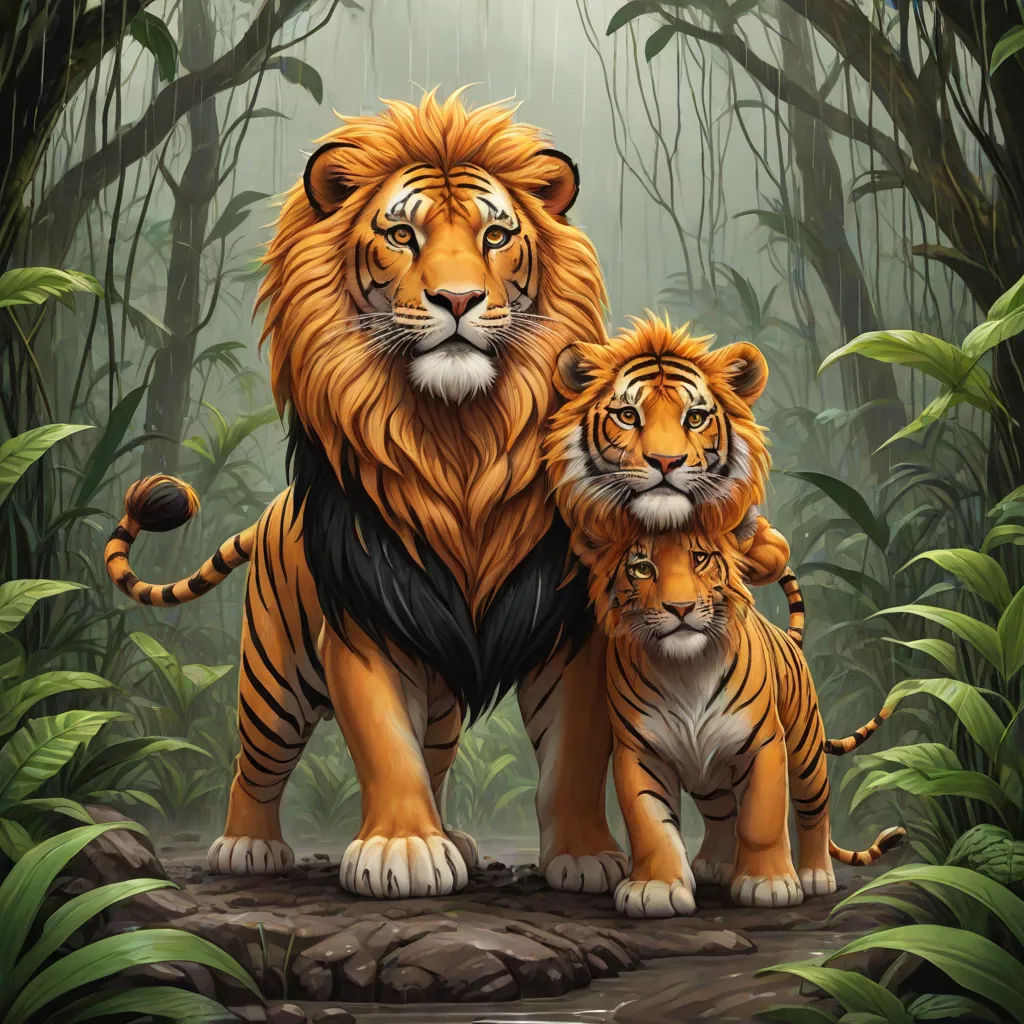 a painting of two tigers standing next to each other in a jungle setting with a stream running through the jungle, Brothers Hildebrandt, furry art, an oil painting, highly detailed digital painting