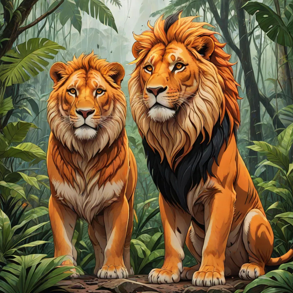 two lions sitting in the middle of a jungle with trees and plants behind them, one of them is looking at the camera, Brothers Hildebrandt, furry art, a digital painting, highly detailed digital painting