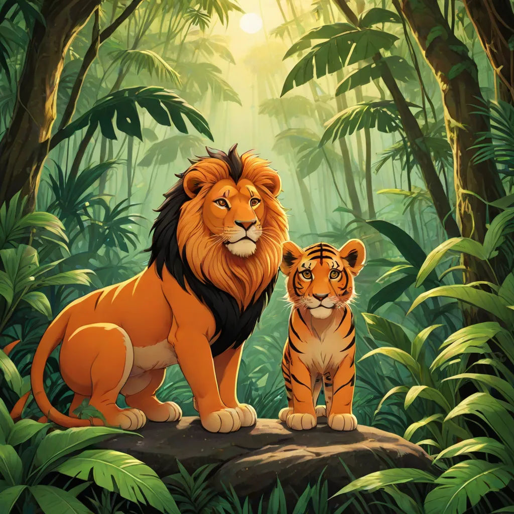 a lion and a tiger standing in a jungle with trees and plants around them, with sunlight shining through the trees, Brothers Hildebrandt, furry art, poster art, jungle
