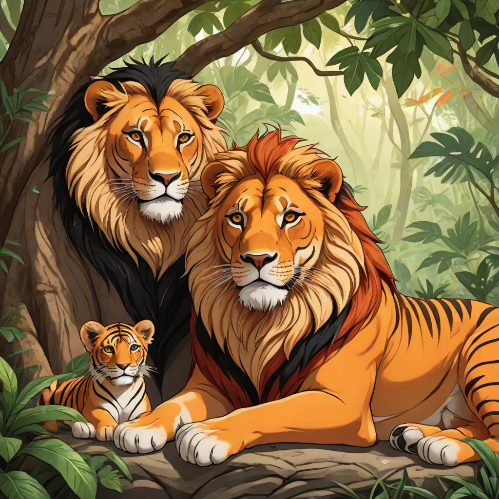 a couple of lions sitting next to each other on a tree branch in a forest with a baby tiger, Brothers Hildebrandt, furry art, an oil painting, furaffinity