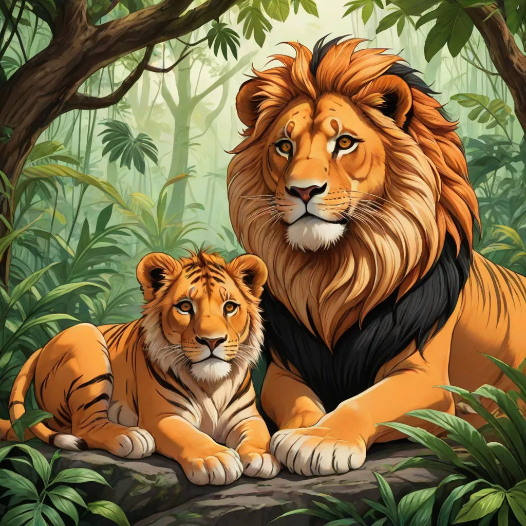 a lion and a tiger sitting in the jungle together, with a background of trees and foliage, with a forest scene in the background, Brothers Hildebrandt, furry art, an airbrush painting, highly detailed digital painting