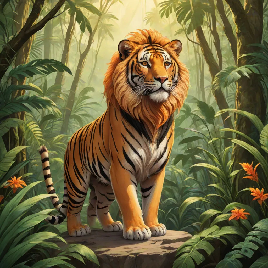 a tiger standing on a rock in a jungle with flowers and trees around it and a sunbeam in the background, Chris LaBrooy, furry art, an oil painting, official art