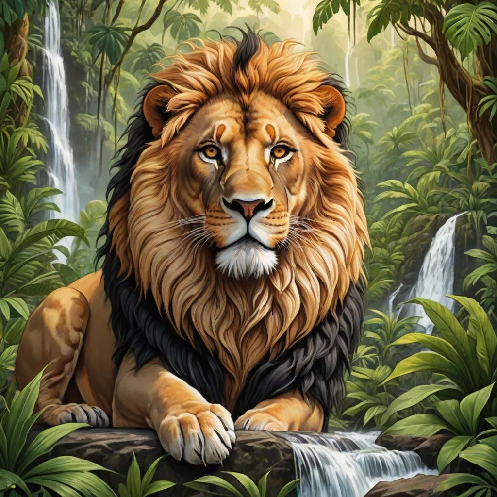 a painting of a lion sitting on a rock in the jungle with a waterfall in the background and trees, Chris LaBrooy, fantasy art, an airbrush painting, highly detailed digital painting