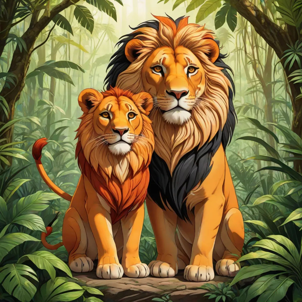 a couple of lions sitting on top of a tree stump in a jungle area with trees and plants behind them, Brothers Hildebrandt, furry art, a digital painting, highly detailed digital painting
