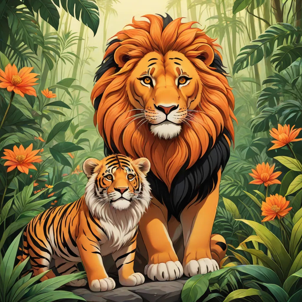a lion and a tiger are standing in the jungle together, with flowers and trees in the background, and a sunlit sky, Brothers Hildebrandt, furry art, a digital painting, highly detailed digital painting