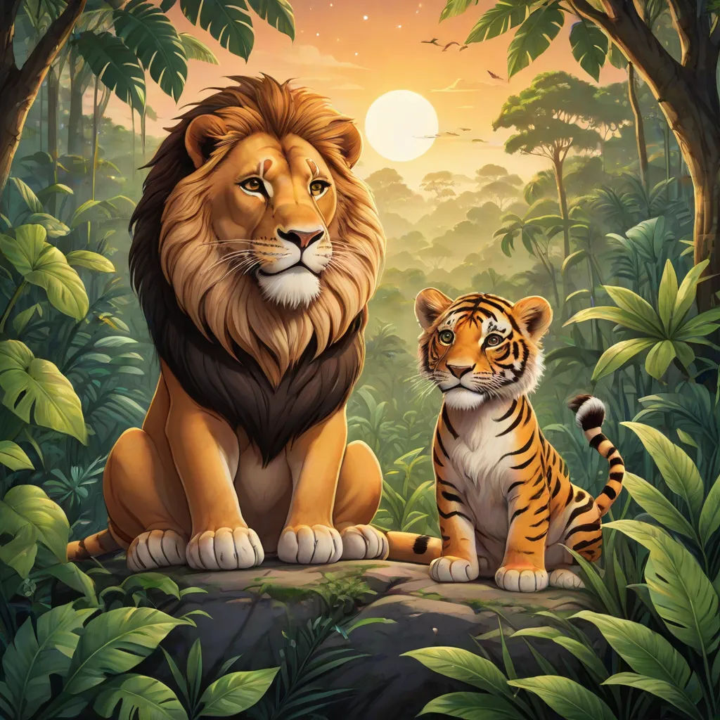 a lion and a tiger sitting in the jungle together with a sunset in the background and a jungle scene, Brothers Hildebrandt, furry art, an oil painting, official art