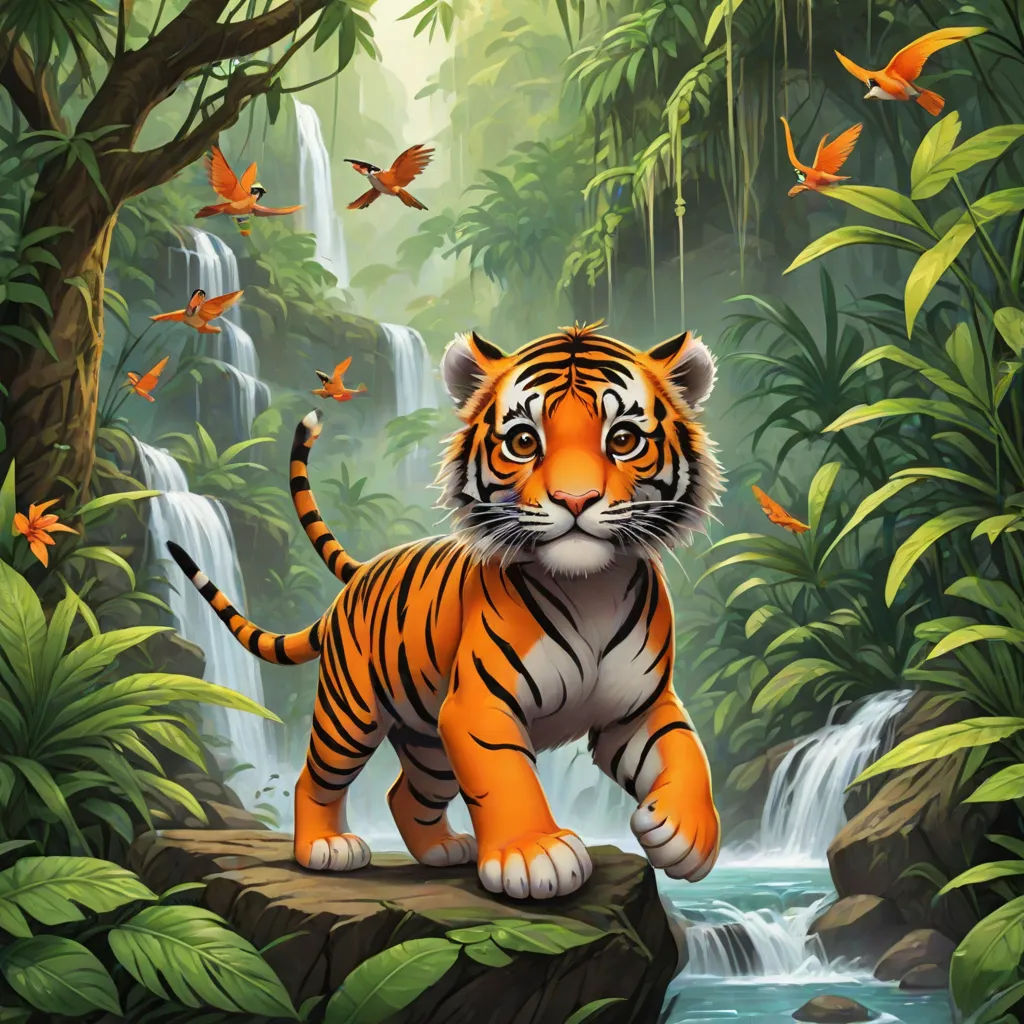 a tiger is standing on a rock in the jungle with a waterfall and birds flying around it, and a waterfall is in the background, Anne Stokes, fantasy art, an airbrush painting, league of legends splash art