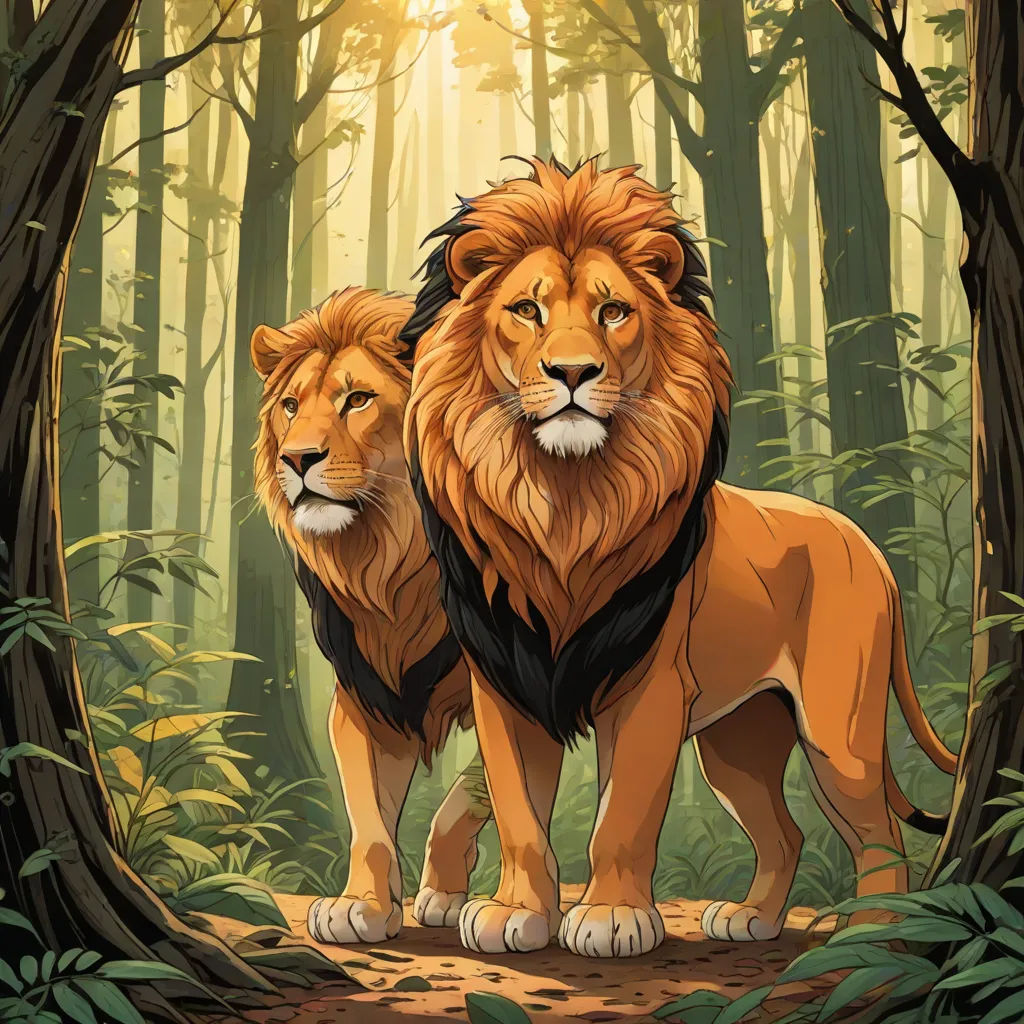 two lions standing in the middle of a forest with trees and leaves around them, with the sun shining through the trees, Brothers Hildebrandt, furry art, a storybook illustration, official art