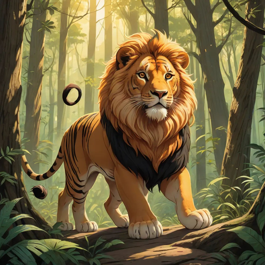 a lion standing in the middle of a forest with trees and leaves around it's neck and a tail, Chris LaBrooy, furry art, concept art, magic the gathering artwork