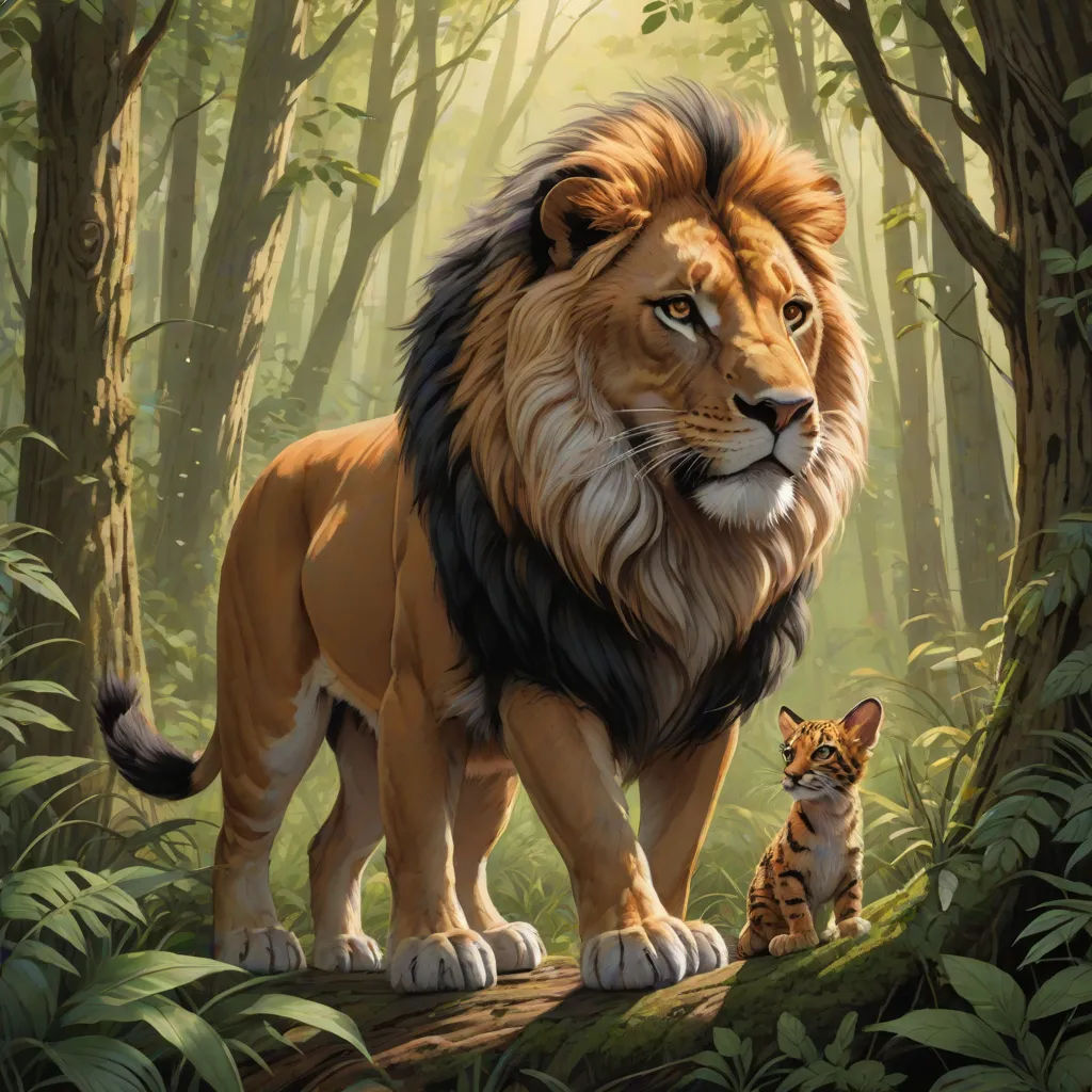a lion and a tiger standing in a forest with trees and bushes behind them, with a baby tiger sitting on the ground, Brothers Hildebrandt, sots art, poster art, official art