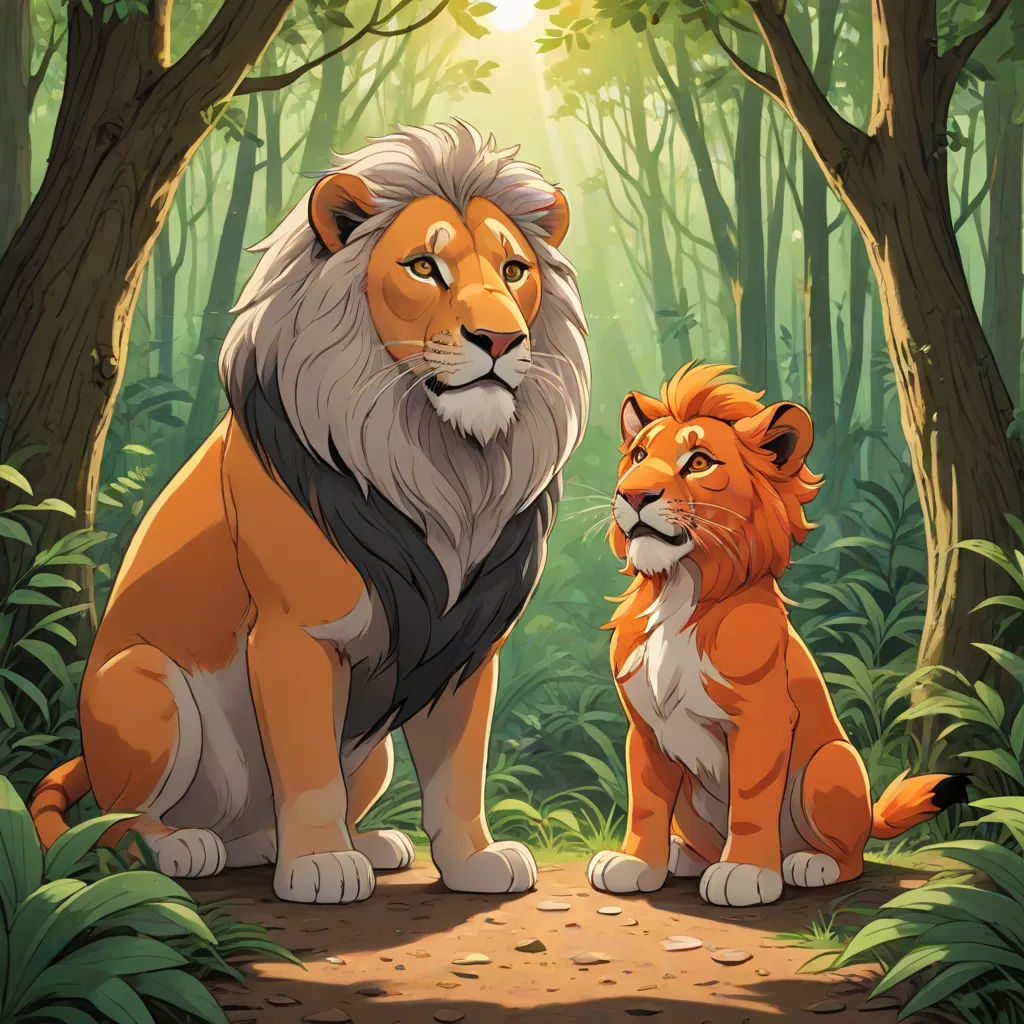 a lion and a lion cub sitting in the forest together, looking at the camera with a bright light shining on them, Brothers Hildebrandt, sots art, a poster, official art
