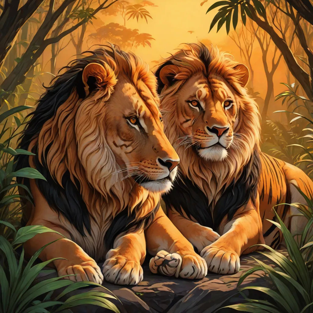 two lions sitting in the jungle with trees and bushes in the background, one of them is looking at the camera, Brothers Hildebrandt, furry art, a digital painting, highly detailed digital painting