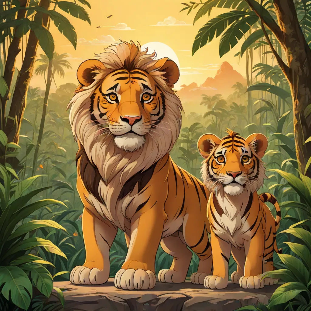 a tiger and a cub standing in a jungle setting with a sunset in the background and a mountain range in the background, Brothers Hildebrandt, furry art, poster art, official art