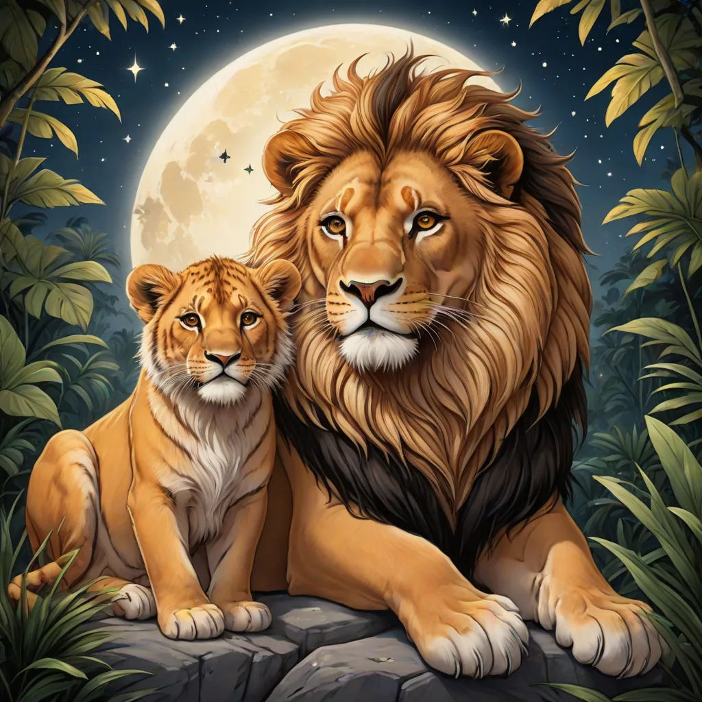 a lion and a cub sitting on a rock in front of a full moon with leaves and stars in the background, Anne Stokes, furry art, a digital painting, highly detailed digital painting