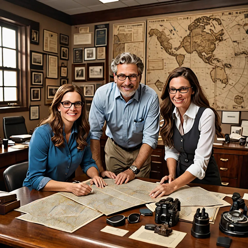 three people standing around a desk with a map on it and a camera on the desk next to them, arts and crafts movement, a stock photo, Christian Hilfgott Brand, promotional image