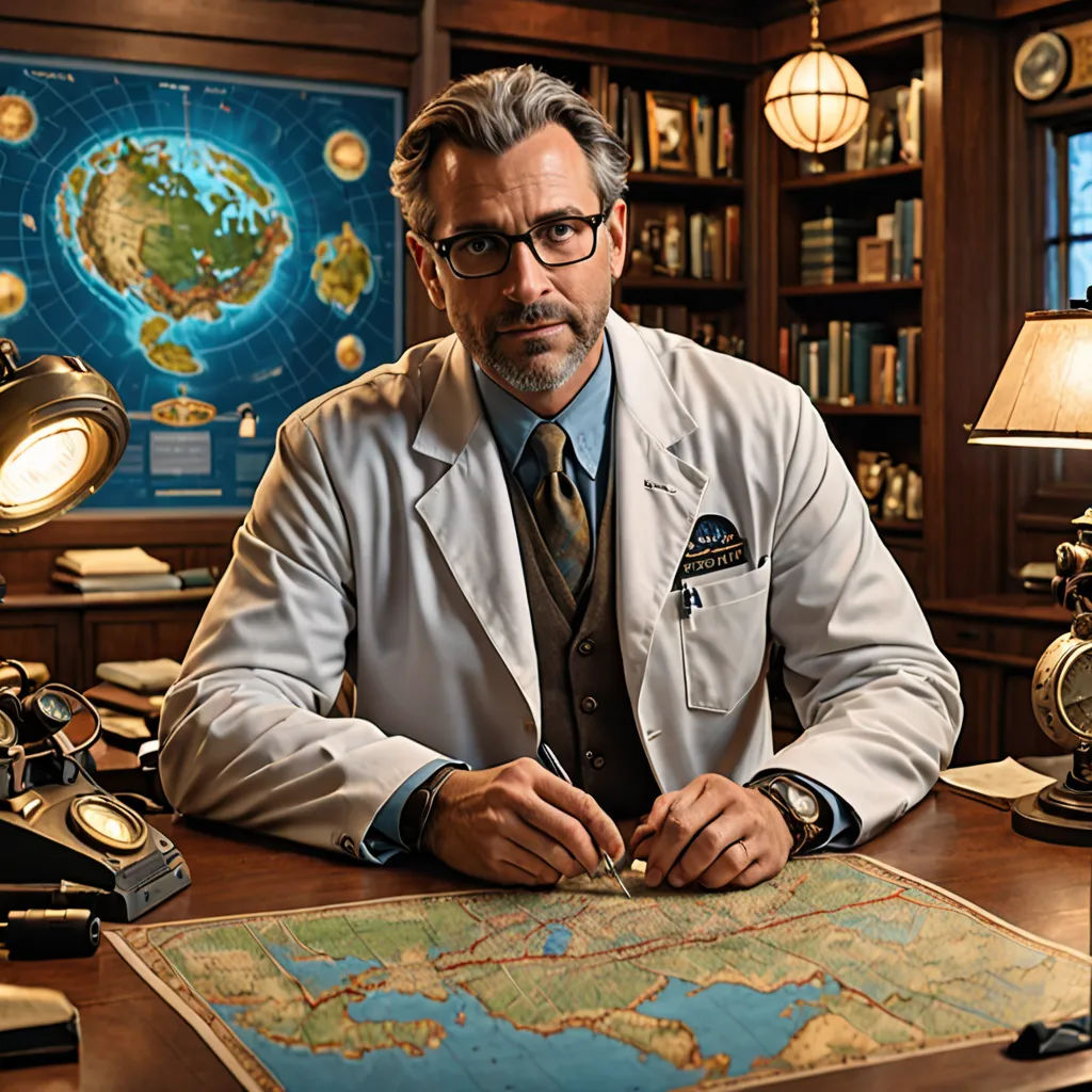 a man in a lab coat sitting at a desk with a map and a lamp on it, in front of a bookcase, neoplasticism, a colorized photo, Dr. Atl, promotional image