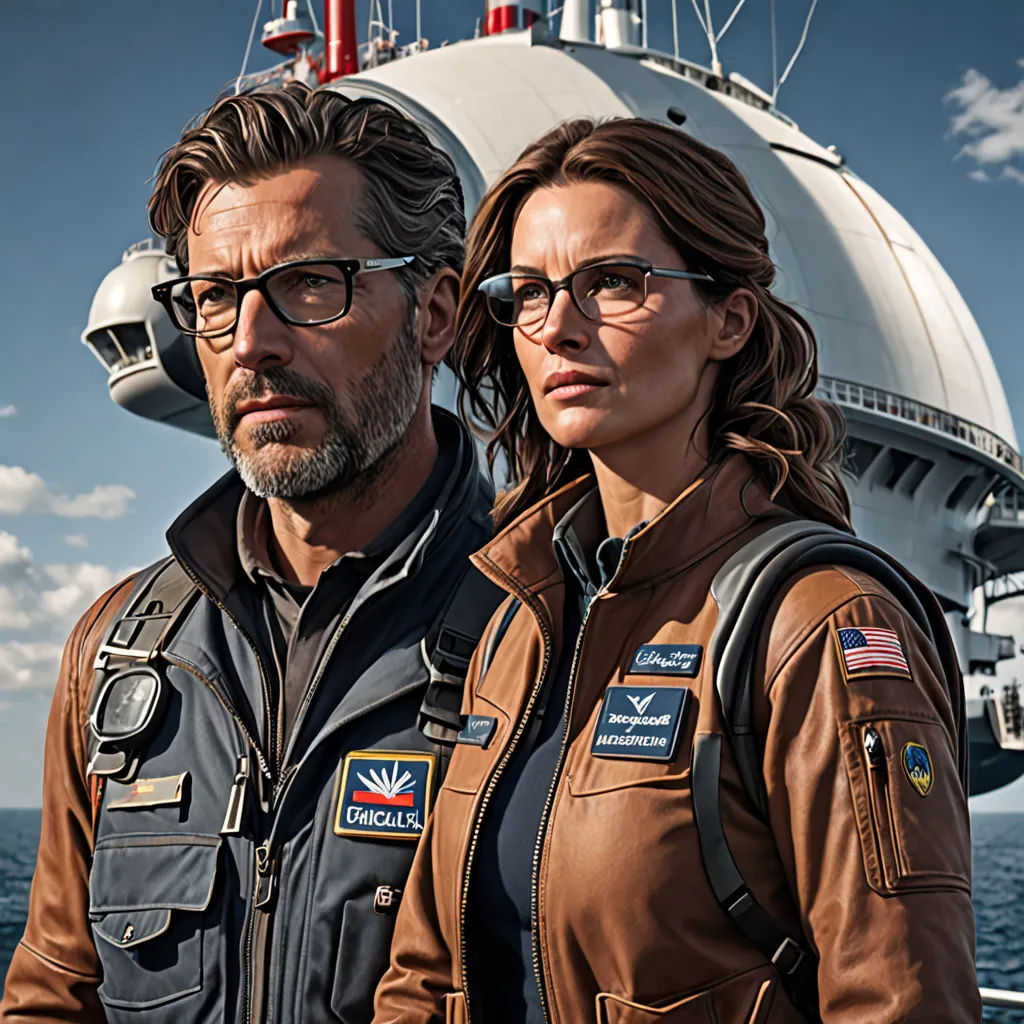 a man and a woman standing next to each other on a boat in the ocean with a cruise ship in the background, retrofuturism, poster art, Christian Hilfgott Brand, promotional image