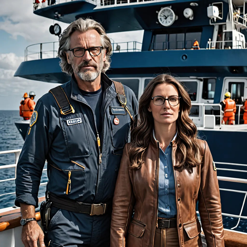 a man and a woman standing on a boat in the ocean with a large boat in the background and a man in a brown jacket and blue shirt, international gothic, a poster, Christian Hilfgott Brand, promotional image