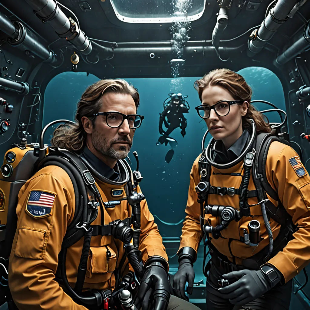a man and a woman in yellow scuba suits in a submarine looking at each other with scuba equipment on, international gothic, a poster, Annie Leibovitz, promotional image