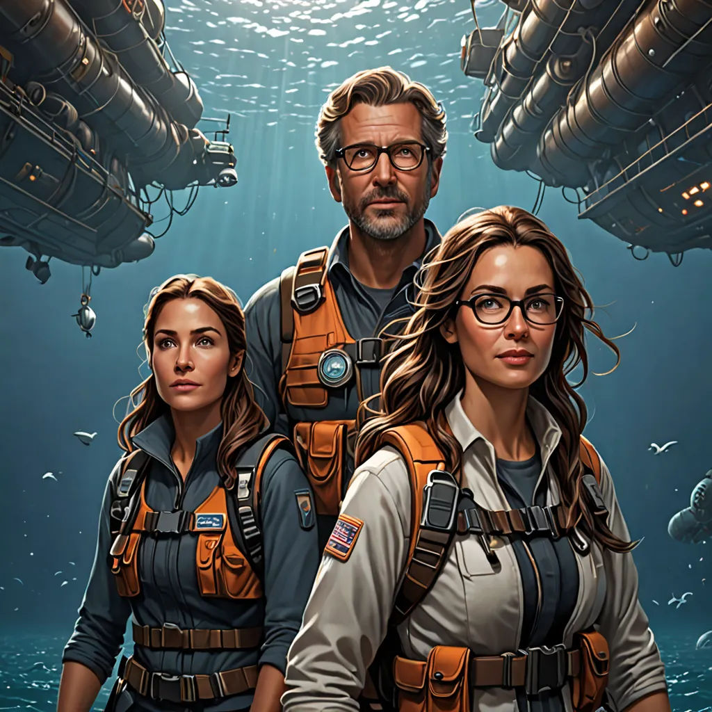 a man and woman standing in front of a submarine in the ocean with a man in a suit and woman in a dress, sots art, poster art, Dan Mumford, key art