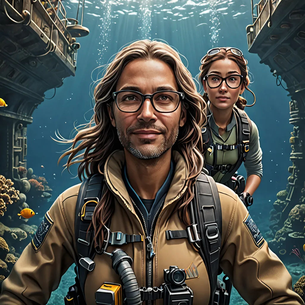 a man with a camera and a scuba suit on standing in front of a underwater tunnel with a man in the background, photorealism, computer graphics, Chris LaBrooy, highly detailed digital painting