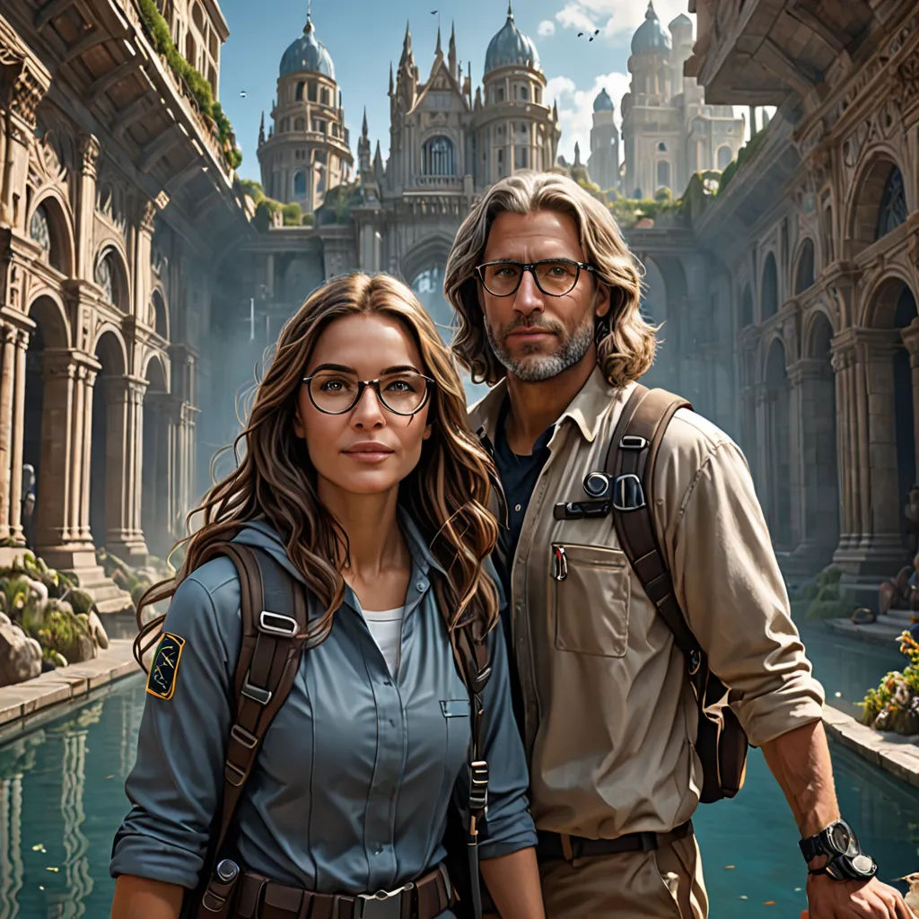 a man and a woman standing next to each other in front of a castle like building with a pool of water, international gothic, a detailed matte painting, David Teniers III, promotional image