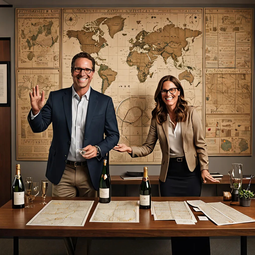 a man and woman standing in front of a map with wine bottles and glasses on a table with papers and wine glasses, private press, a stock photo, Christian Hilfgott Brand, promotional image