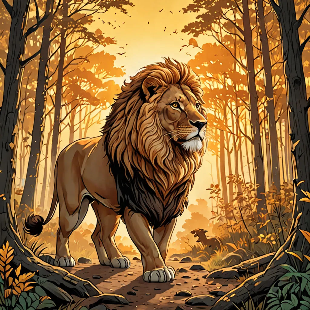 a lion standing in the middle of a forest with trees and leaves around it's edges and a yellow sky behind it, fantasy art, a character portrait, Chris LaBrooy, official art