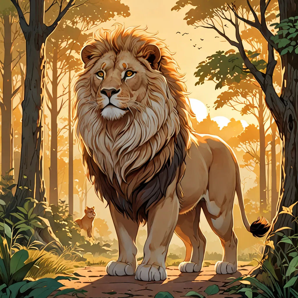 a lion standing in the middle of a forest with a fox in the background and a forest scene with trees, furry art, a painting, Chris LaBrooy, official art
