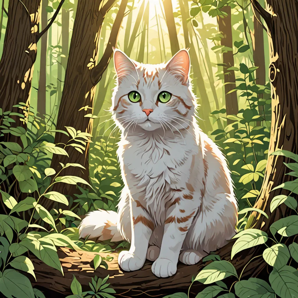 a cat sitting in the middle of a forest with green eyes and a bright light shining through the trees, furry art, a character portrait, Dan Mumford, rossdraws global illumination