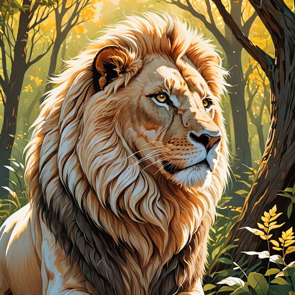 a painting of a lion in a forest with trees and leaves in the background, with a blue eye, fantasy art, a digital painting, Chris LaBrooy, highly detailed digital painting