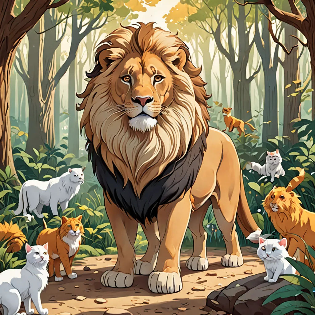 a lion surrounded by cats in a forest with trees and bushes in the background, with a sun shining on the top of the lion, furry art, poster art, Chris LaBrooy, official art