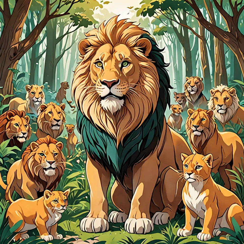 a lion surrounded by lions in the jungle with trees and grass in the background, with a green mane, furry art, a poster, Chris LaBrooy, furaffinity