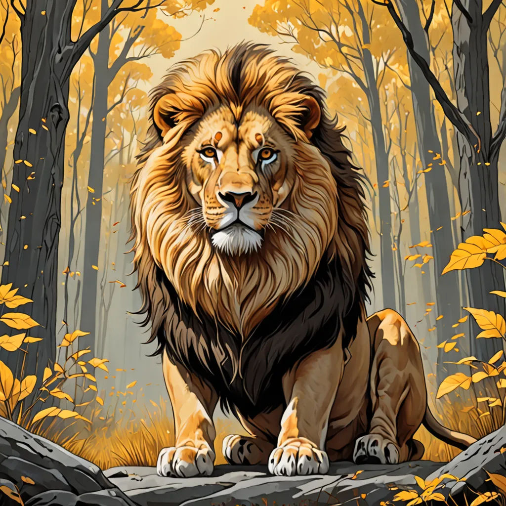 a lion sitting on a rock in a forest with yellow leaves on the ground and trees in the background, fantasy art, poster art, Chris LaBrooy, behance hd