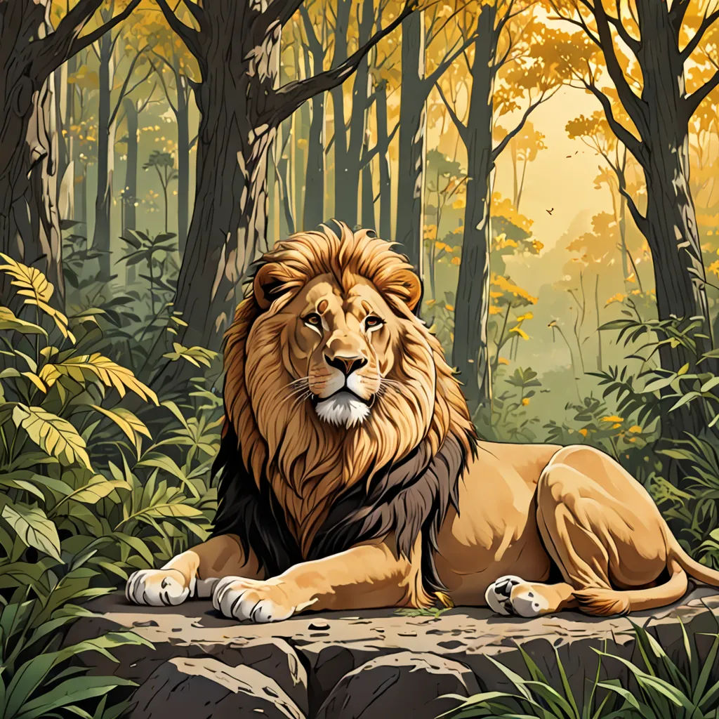a lion laying on a rock in a forest with trees and bushes around it, with a sun shining through the trees, fantasy art, an airbrush painting, Chris LaBrooy, highly detailed digital painting