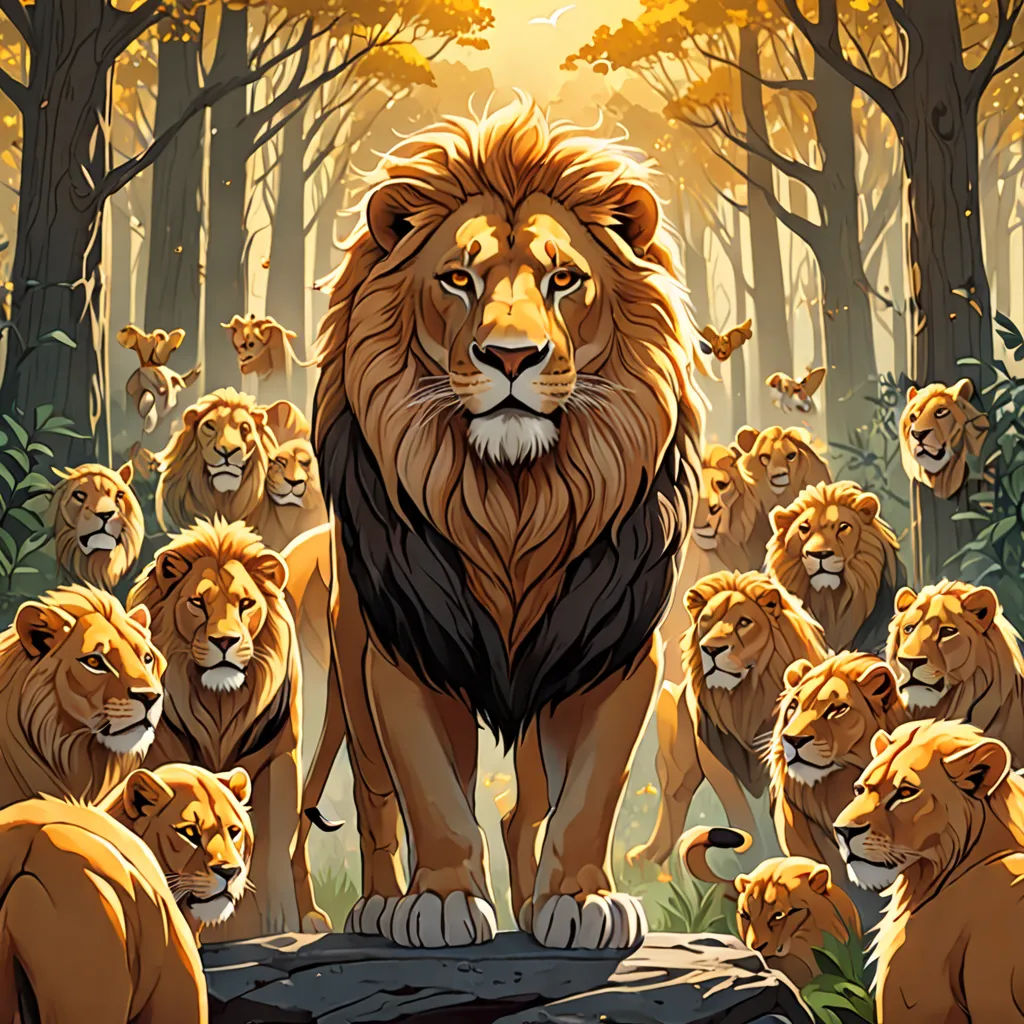 a lion standing in front of a group of lions in the woods with trees in the background and a sun shining through the trees, furry art, an album cover, Chris LaBrooy, furaffinity