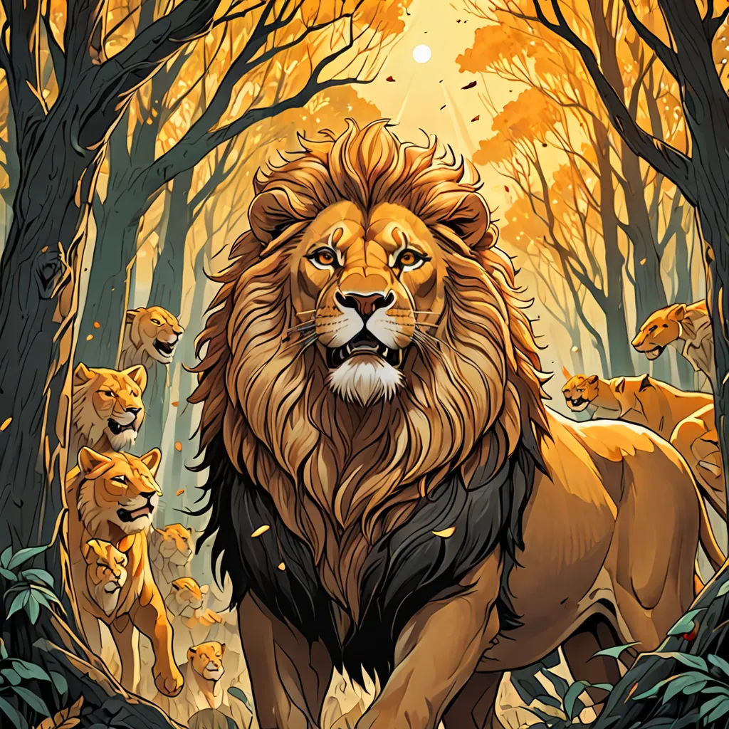 a lion is walking through a forest with other lions in the background and a sun shining through the trees, fantasy art, poster art, Chris LaBrooy, rossdraws global illumination