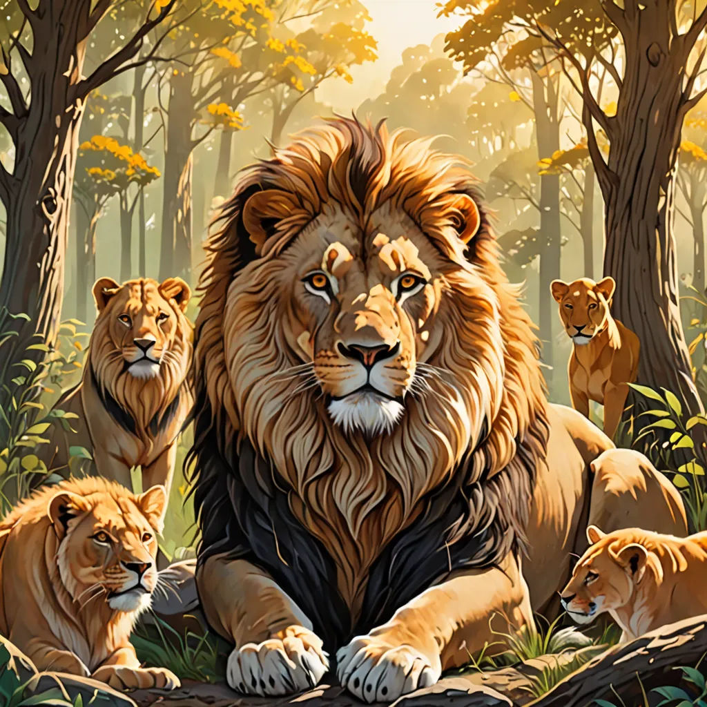 a painting of lions in a forest with trees and grass and a few cubs on the ground, with one of them looking at the camera, furry art, a digital painting, Chris LaBrooy, highly detailed digital painting