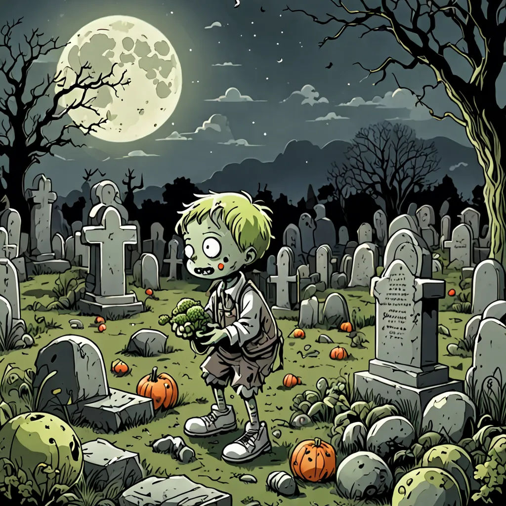 a cartoon zombie is walking through a graveyard with pumpkins and a full moon in the background, with a cemetery in the foreground, gothic art, a comic book panel, Art Spiegelman, comic cover art