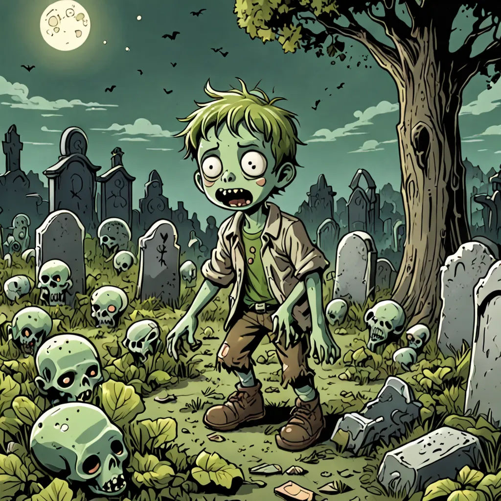 a cartoon zombie is walking through a graveyard with skulls and a tree in the background with a full moon, gothic art, a comic book panel, Dirk Crabeth, comic cover art
