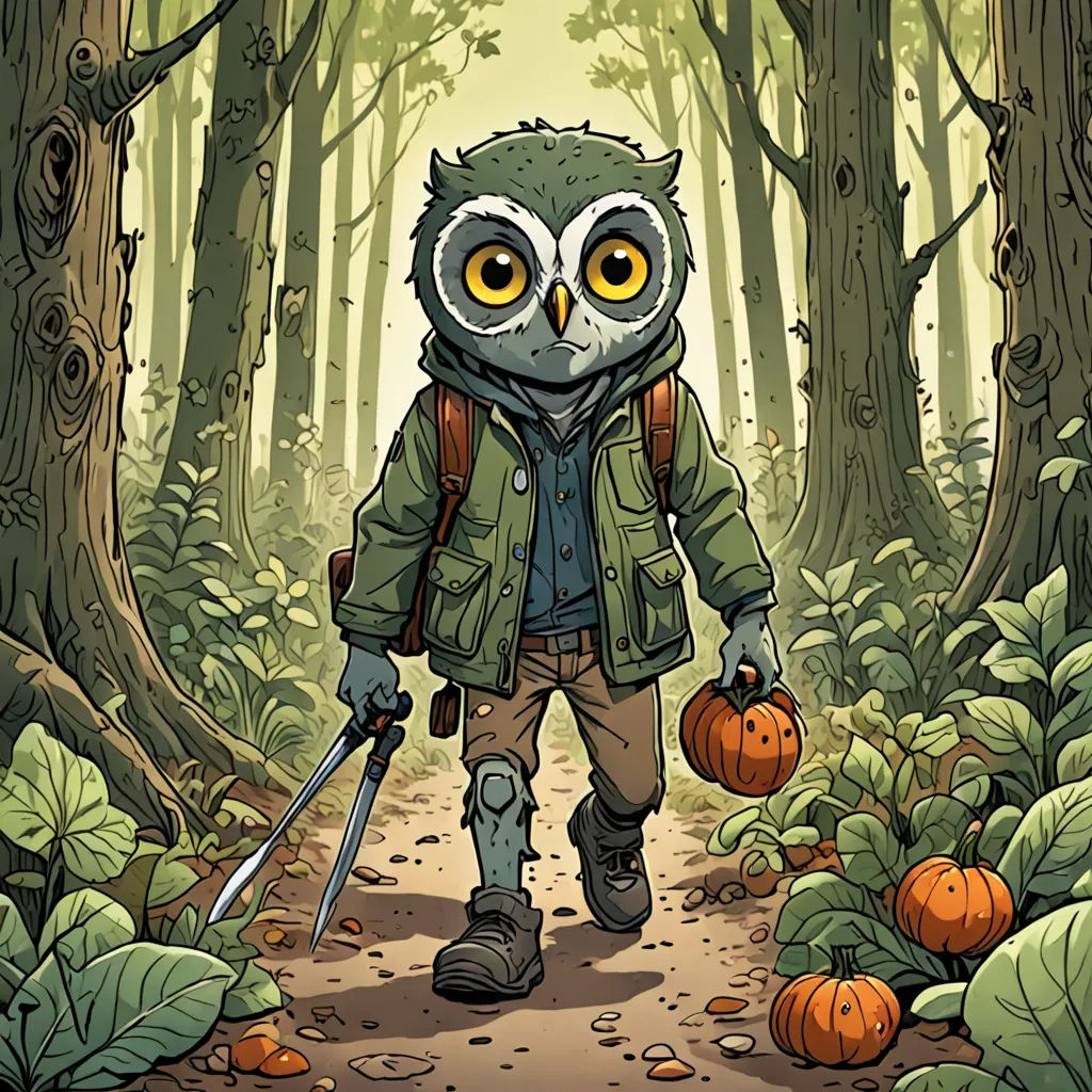 a cartoon of an owl with a backpack and a knife in a forest with pumpkins and leaves on the ground, fantasy art, poster art, Dan Mumford, josan gonzales and dan mumford