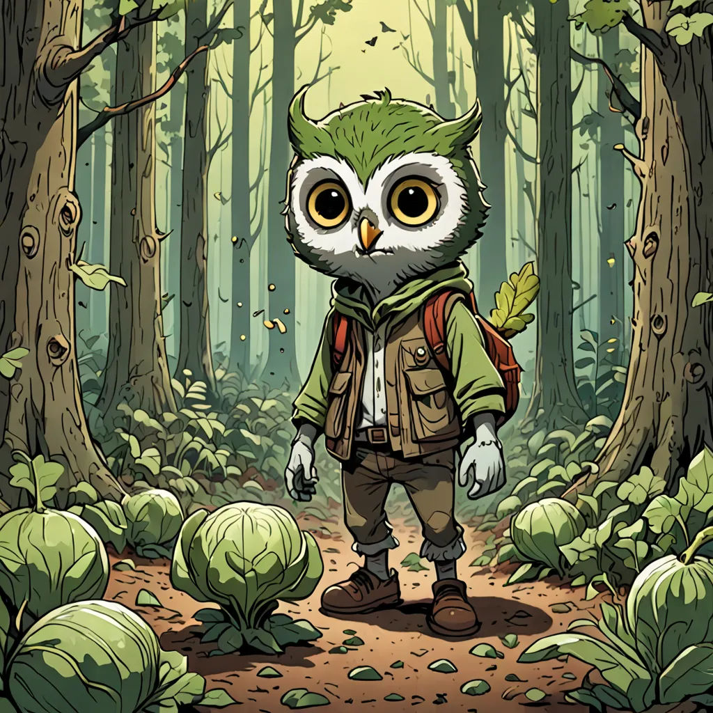 a cartoon of an owl with a backpack in a forest with leaves and plants on the ground and a forest path, fantasy art, a character portrait, Dan Mumford, josan gonzales and dan mumford