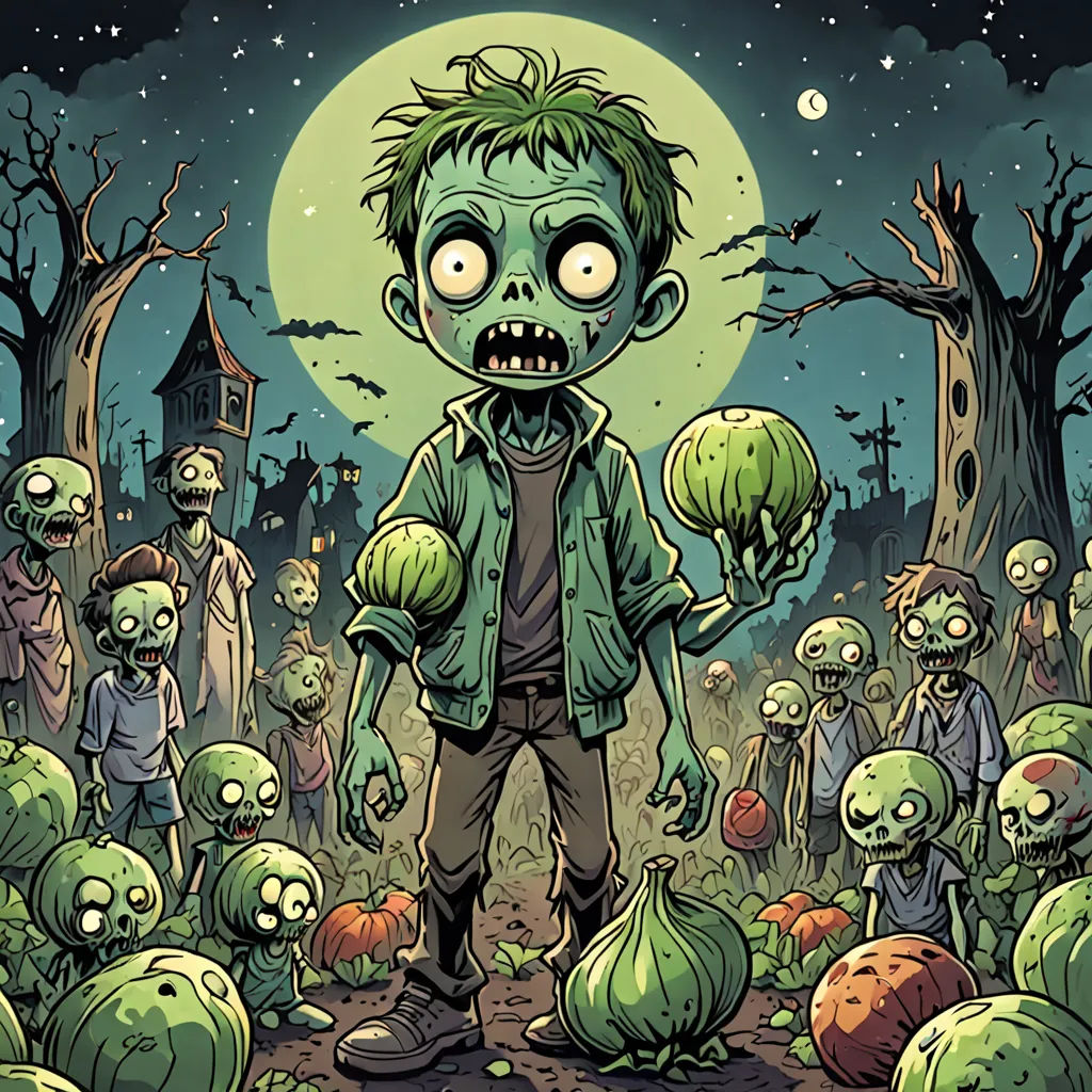 a cartoon zombie with many heads and eyes standing in a field of pumpkins with a full moon in the background, gothic art, poster art, Dan Mumford, josan gonzales and dan mumford