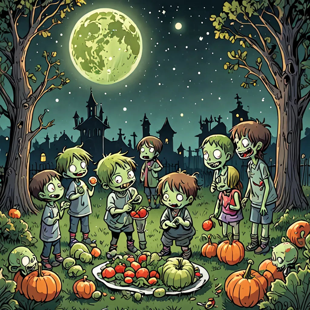 a group of children standing in a field with pumpkins and trees in the background, with a full moon in the sky, gothic art, a storybook illustration, Dirk Crabeth, comic cover art
