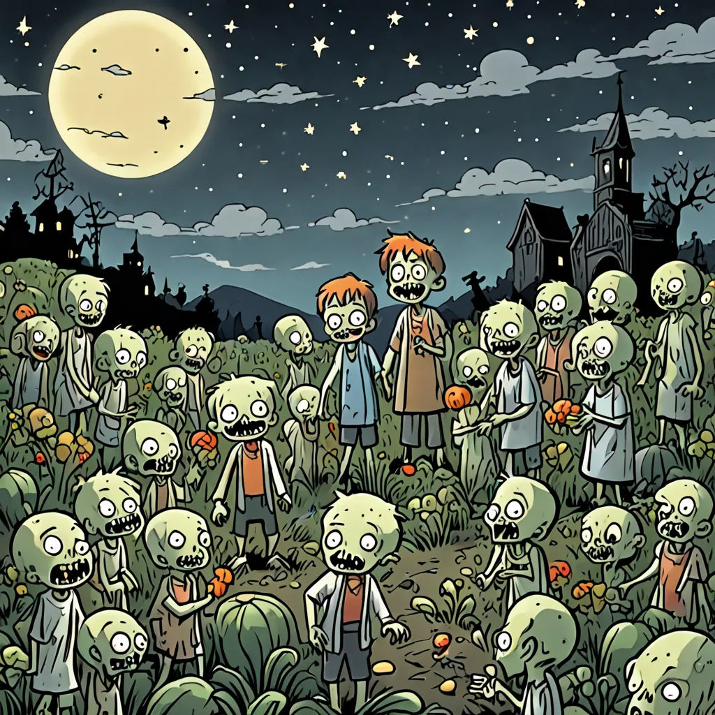 a group of zombies in a field with a full moon in the background and a church in the distance, gothic art, a comic book panel, Dan Mumford, comic cover art